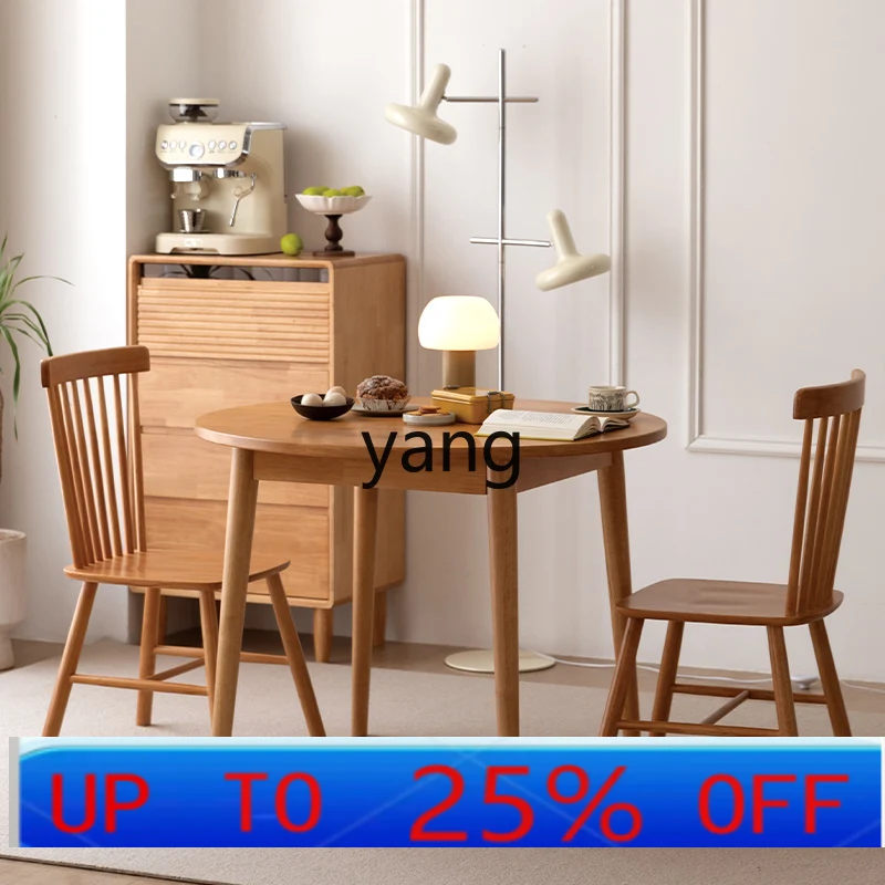 LMMFull Solid Wood Round Dining Table Household Living Room Rubber Wood Eating Table