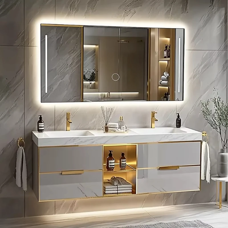 

Gold Bathroom Vanity Cabinet Wall Mounted Bathroom Floating Face Wash Cabinet Bathroom with Mirror