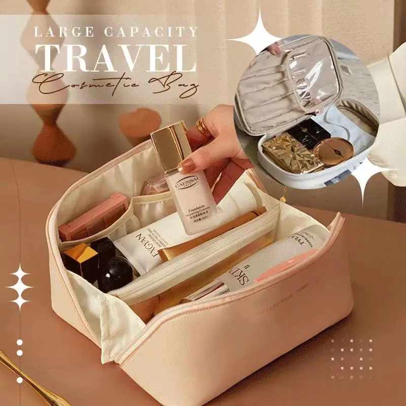 Large Leather Travel Cosmetic Bag for Women Cosmetic Organizer High-capacity Makeup Bag Storage Pouch For Female Makeup Box