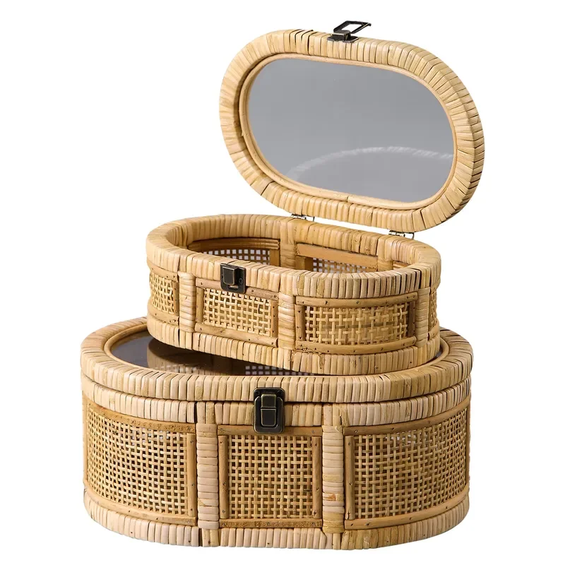 High Quality Set Gift Basket Cane Rattan Storage Boxes Lid Natural Rattan Handmade Decorative Box Jewelry Box With
