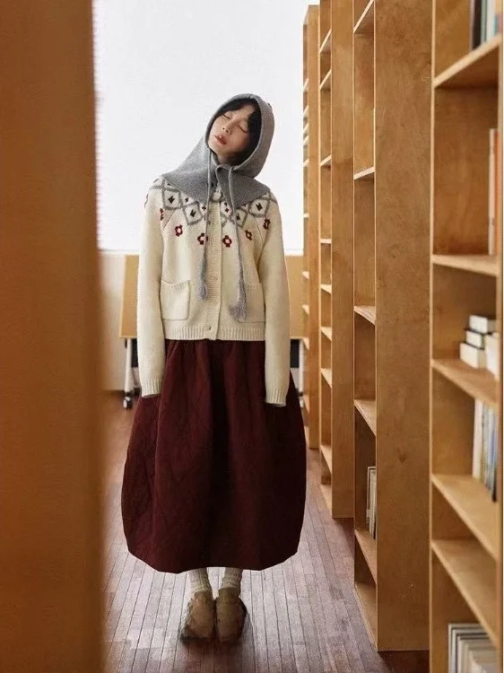 

Thiened Winter f Skirt Women's Japanese Sle Artistic Warm Stitching Diamond Pattern Cotton Filled Large Size Skirt