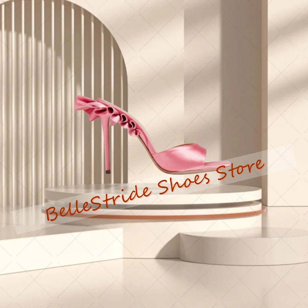 الوردي الكشكشة الساتان النعال المفتوحة تو النساء أحذية أنيقة الخناجر عالية الكعب مأدبة الحفلات يؤرخ 2025 Zapatos Para Mujere