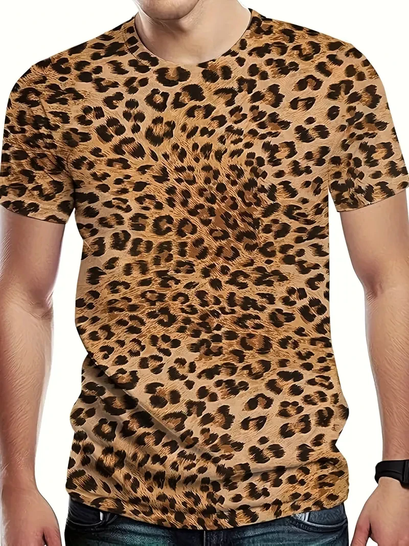 Fashion leopard print round neck short sleeve men\'s t-shirt, perfect for spring and summer outdoor leisure activities