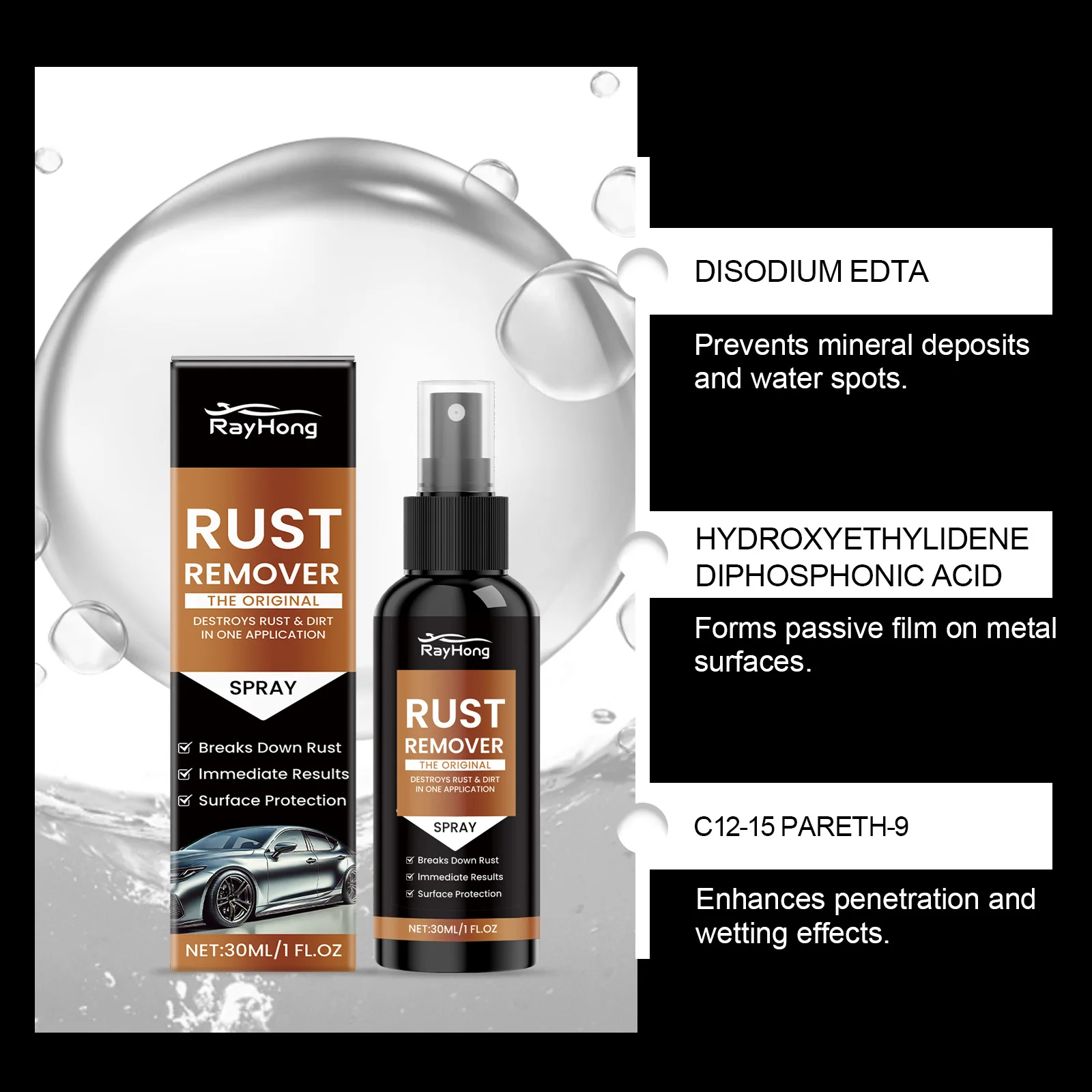 Rayhong Car Rust Removal Spray for Metal Parts - V Cleaning First Gloss Refurbishment Maintenance Solution