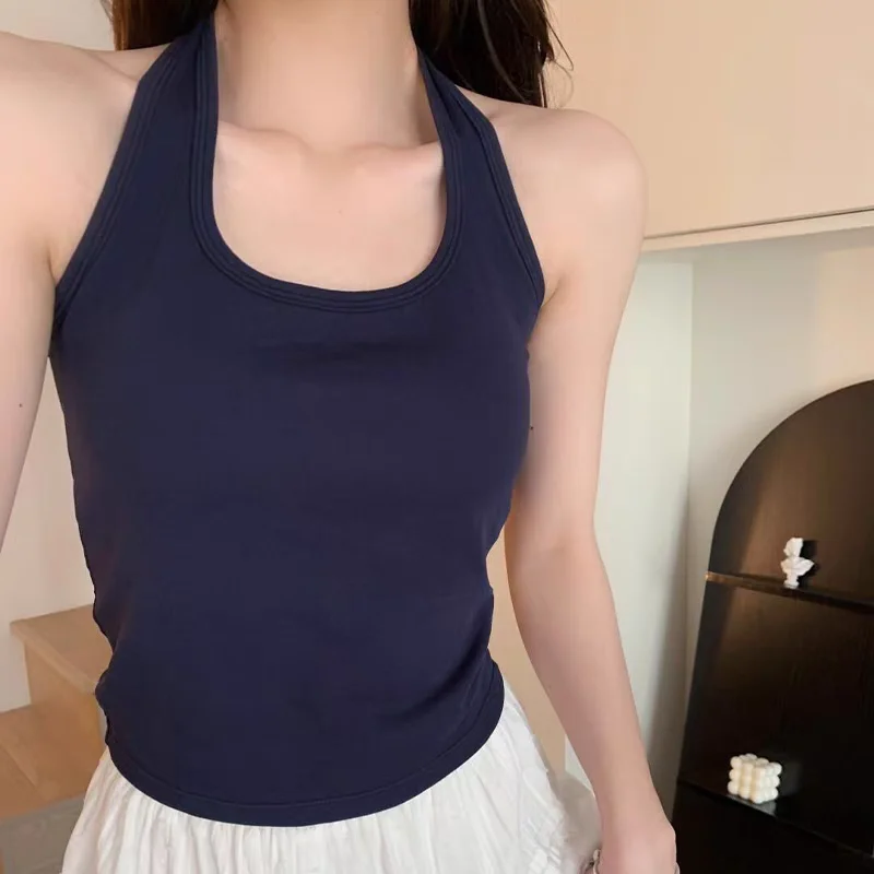 New Cotton Blue Ribbed Knitted Sexy Tops Neck Summer Basic Shirts Skinny Slim Sport Casual Vest Off Shoulder Women's Tank Top