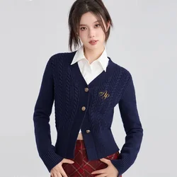 Cardigan da donna in maglia a trecce con scollo a V stile preppy, maglione grosso con bottoni