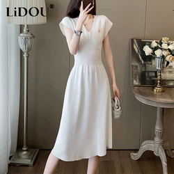 Summer V-neck Elegant Fashion Slim White A-line Knitting Dress Female Short Sleeve Solid Color Midi Vestidos Women Casual Robe