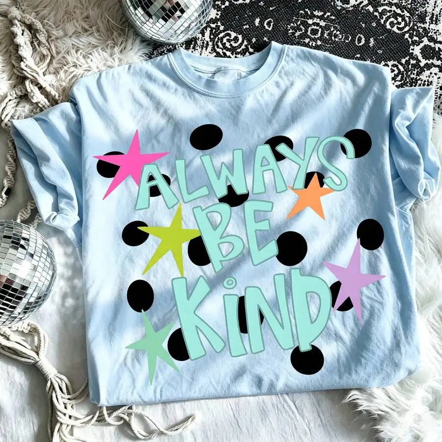 Women's Cute Always Be Kind Preppy Retro Star Polka Dot Kindness Slogan Graphic Print T‑Shirt Crew Neck Short Sleeve Summer Beach Vacation Casual Tee Top