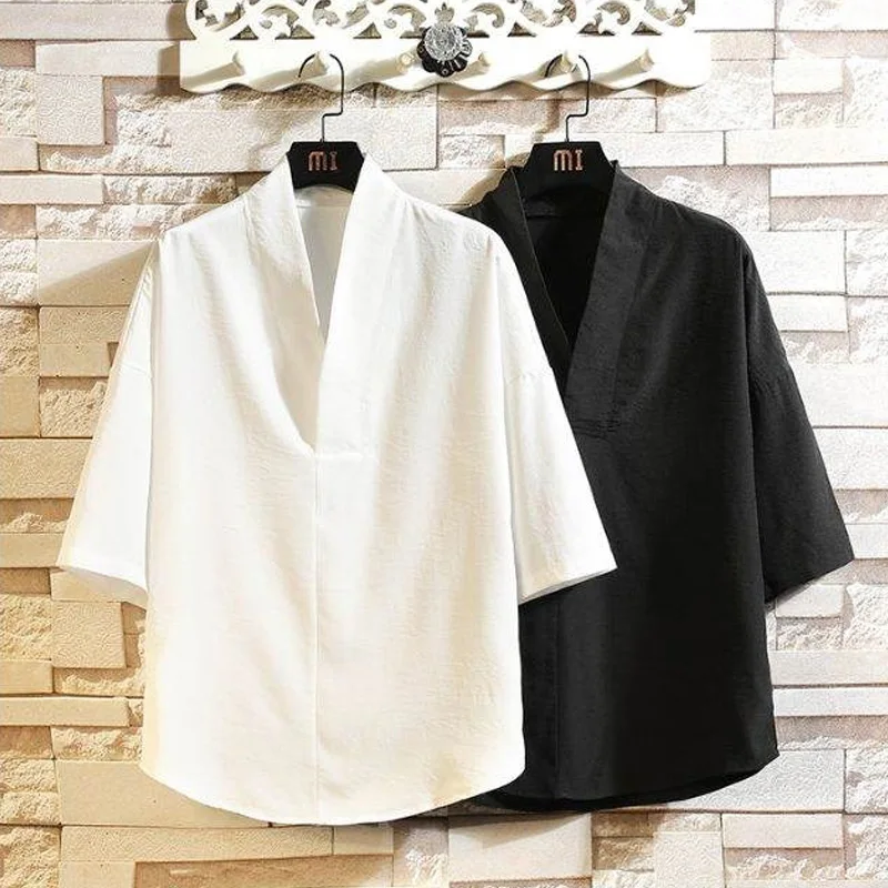Summer Men Casual Hanfu Short Sleeves Shirt V-Neck Vintage Chinese Style Tops Tai Chi Kungfu Practice Outfit Plus Size Blouse ﻿