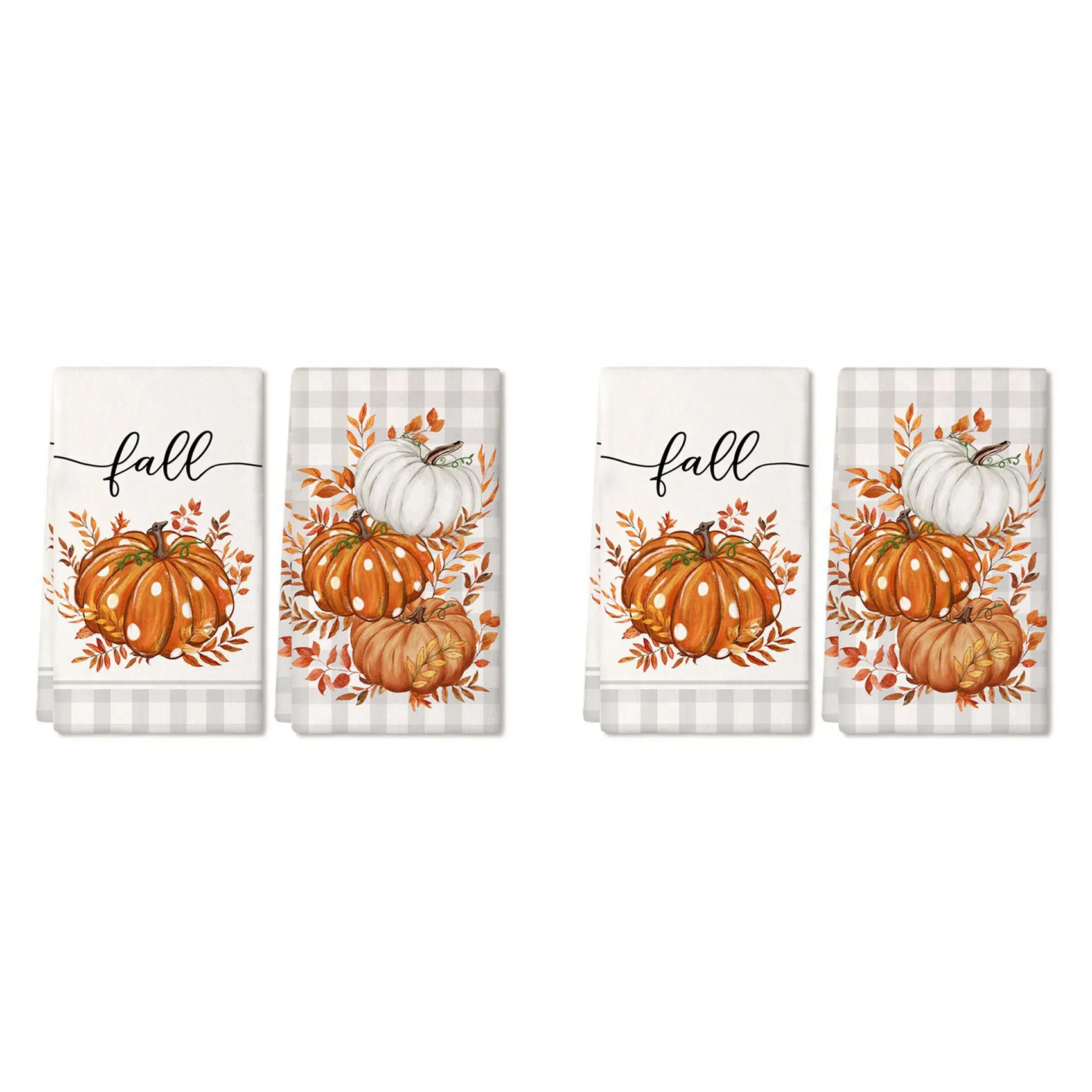 ABJN-4PCS Fall Kitchen Towels Set Of 4, Orange Pumpkin Grey Check Autumn Dish Towels Drying Dishcloth
