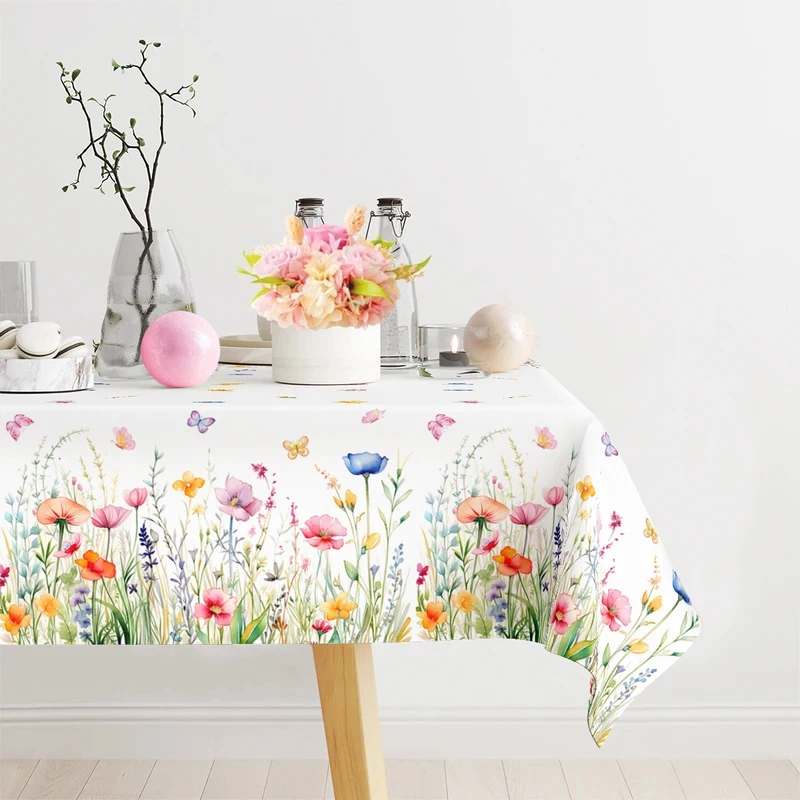 VIKAMA Garden Wild Floral Butterfly Print Tablecloth Waterproof Anti-shrink Easy Clean Rectangular Table Cloth