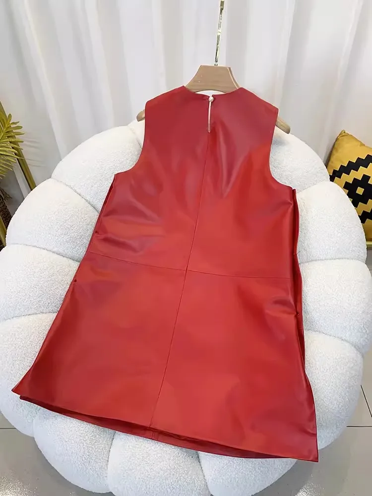 Elegant Women O Neck A Line Side Buttons Sheepskin Genuine Leather Dress Lady Sleeveless Sundress Pullover Mid Length Tank Dress