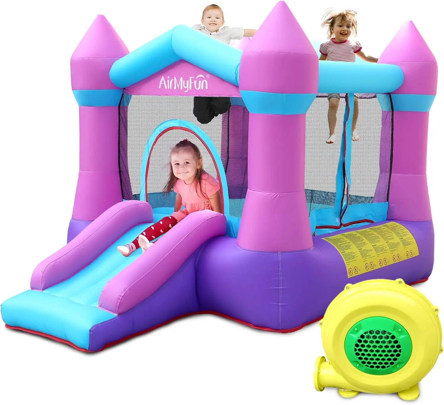 Casa de rebote con soplador para niños pequeños, castillo hinchable con tobogán para interiores y exteriores, color rosa, 3-8