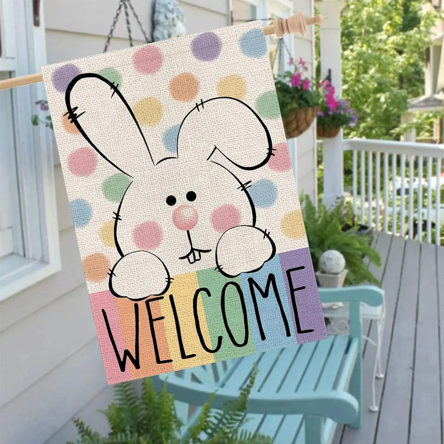 Easter Welcome House Flag 28 x 40 Inch Cute Bunny Decorative Double Sided Burlap Flag for Spring Holiday Outdoor Decoration  zzo