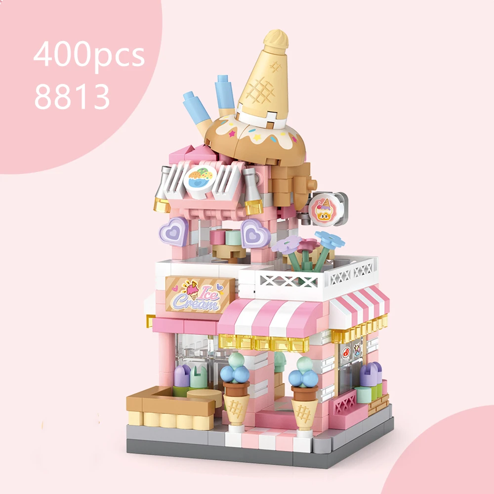 Funny Joy Panda Pet Coffee Ice Cream Flower House Appliance Dessert Shop Store Street View Food House Building Blocks Model Toy