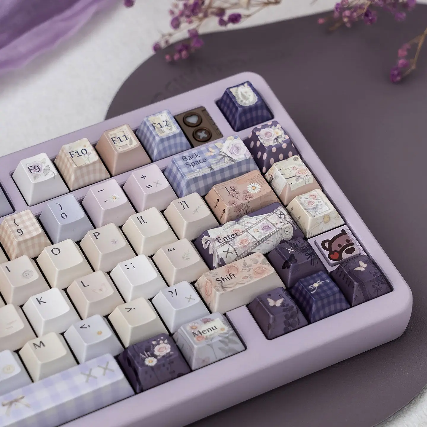 Vintage Purple Floral Keycaps   PBT DyeSub Lace Bow Bear Retro Sweet Custom Replacement Keycap Set for Mechanical Keyboard