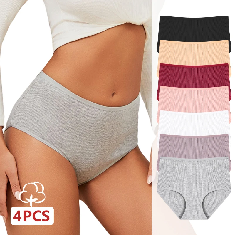 4Pcs/Set Cotton Striped Underwear Women's Plus Size High Waist Panties Lady Breathable Solid Color B