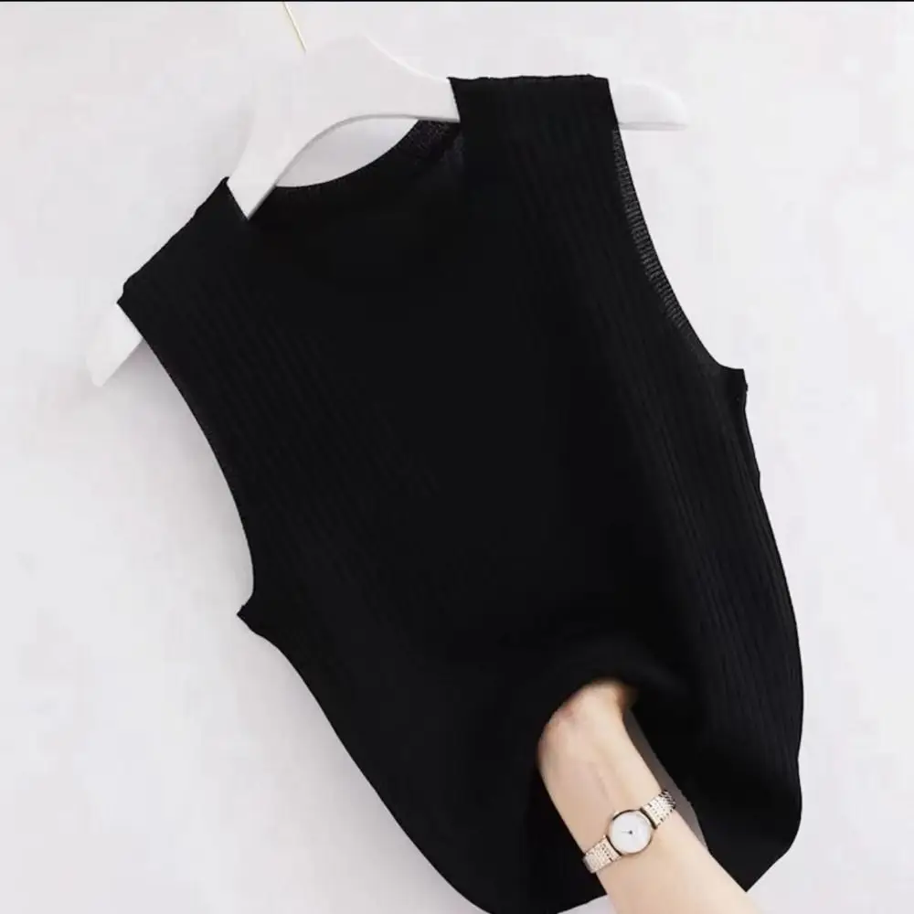 

Новый вязаный топ без рукавов с круглым вырезом, тонкая вязаная футболка без рукавов, вязаные вязаные жилеты для женщин