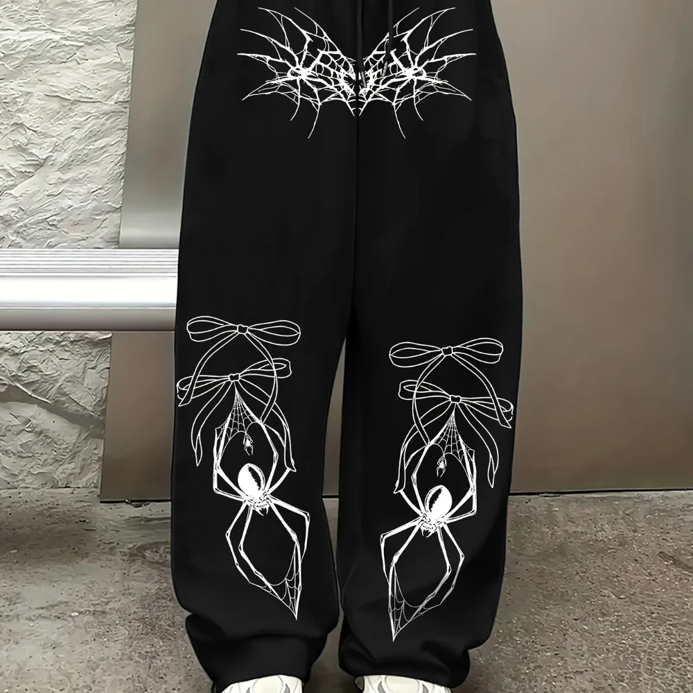 Pantalon de sport décontracté imprimé Spider Bow pour femme, pantalon à jambe droite adapté au printemps et à l'automne, pantalon à jambes larges