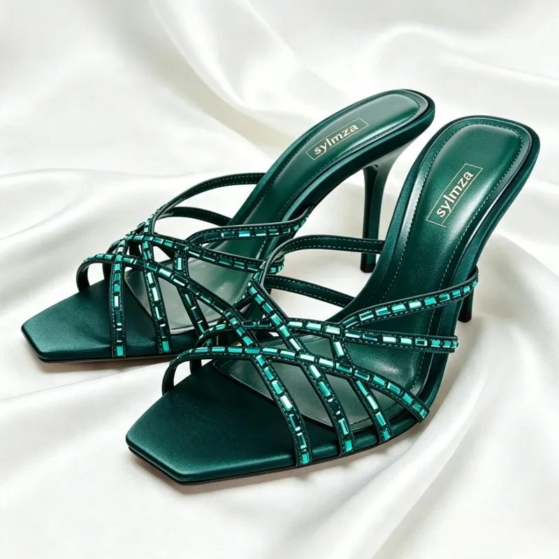 Unique Peacock Blue Crystal Detail Heeled Sandals Women Fashion Cross-strap Square Toe Slide Sandals Luxury Brand Designer Shoes