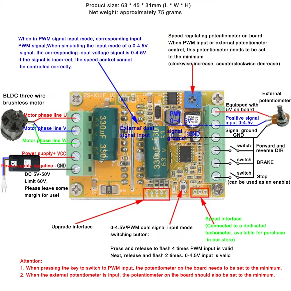 DC 6.5-50V 380W BLDC Three Phase DC Brushless Motor Controller PWM Without Hall Sensor Hall Motor Control Driver Board