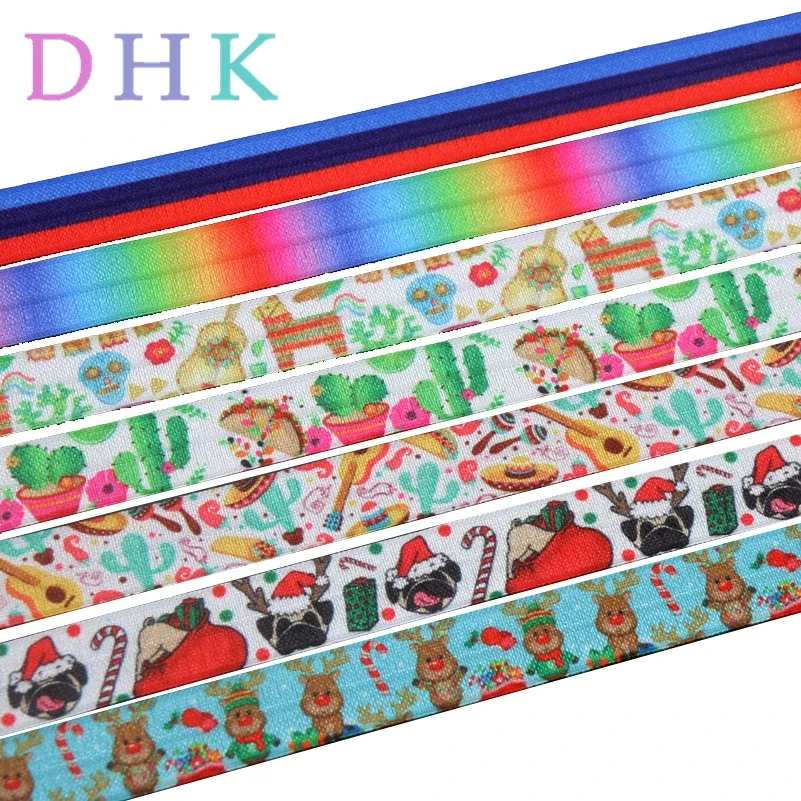DHK 5/8'' 5yards gradient christmas mexico cactus printed Fold Elastic FOE stretch ribbon hairbow headwear headband DIY C1602