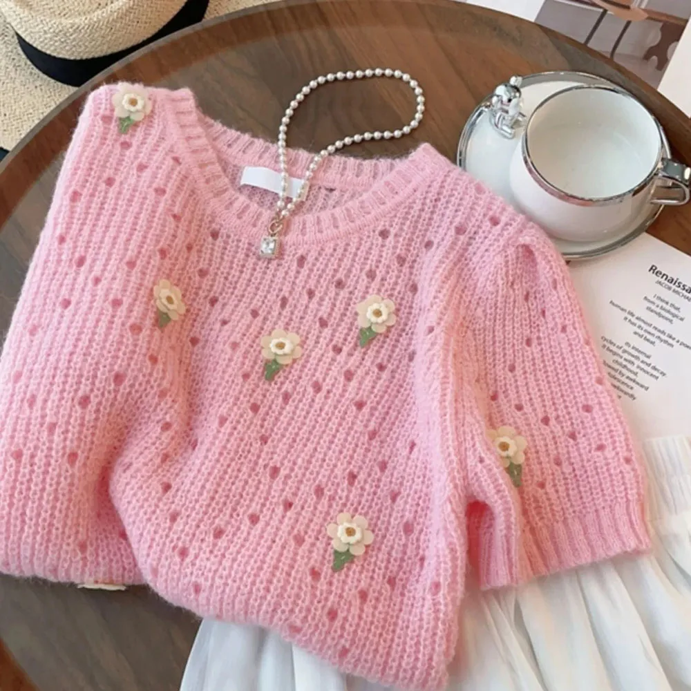 2024 Summer New Sweaters Women\'s O Neck Jacquard Pink Pullovers Fashion Loose Short Sleeve Knitted Tops Ladies Elegant Knitwears