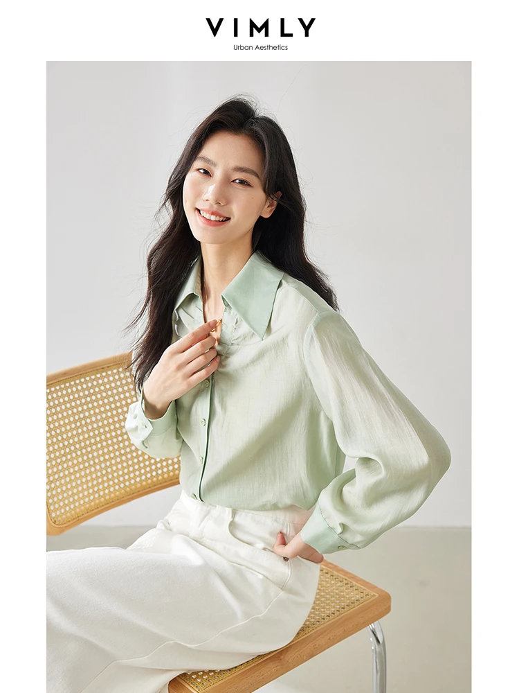 Vimly Spring Green Women Shirt V-neck Thin Casual Shirts & Blouses 2024 New Solid Drop Sleeve Womens Top Female Clothing M5381