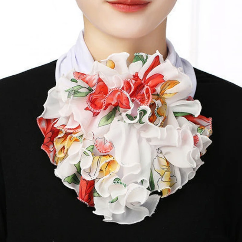 Korean Floral Chiffon Neck Guard False Collar Hedging Scarf Summer Women Ice Silk Protect Cervical Elastic Bib Headneck Headband