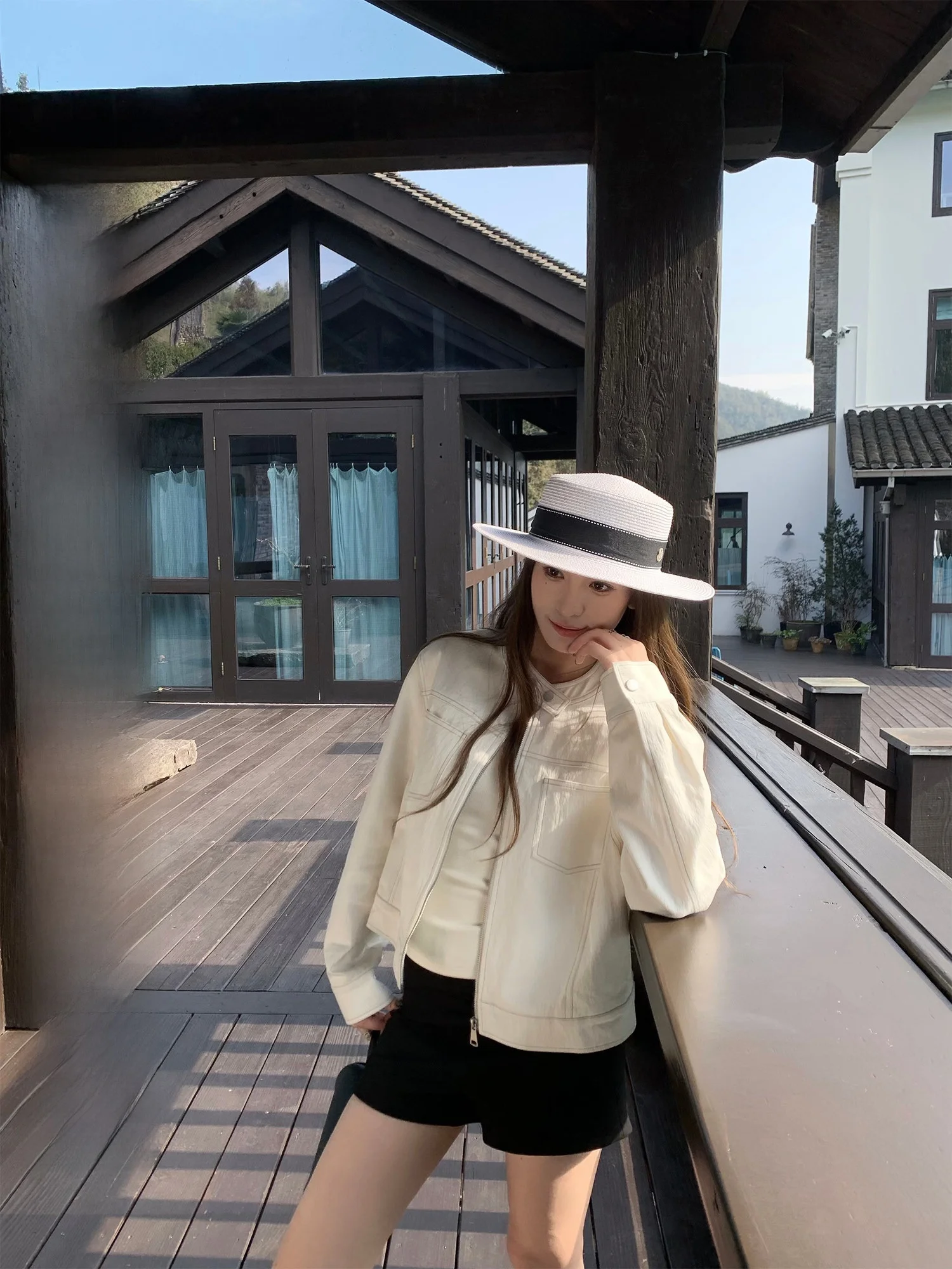 

Hhyii White Short Stand Collar Design Sense Workwear Jacket Women's Spring Korean Style Casual Short Outerwear