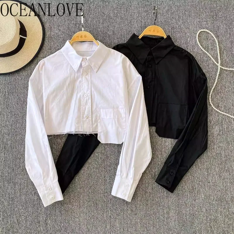 

OCEANLOVE Y2k Short Blouses Spring Autumn Solid Long Sleeve Simple Women Shirts Korean Fashion Vintage Sexy Blusas Mujer