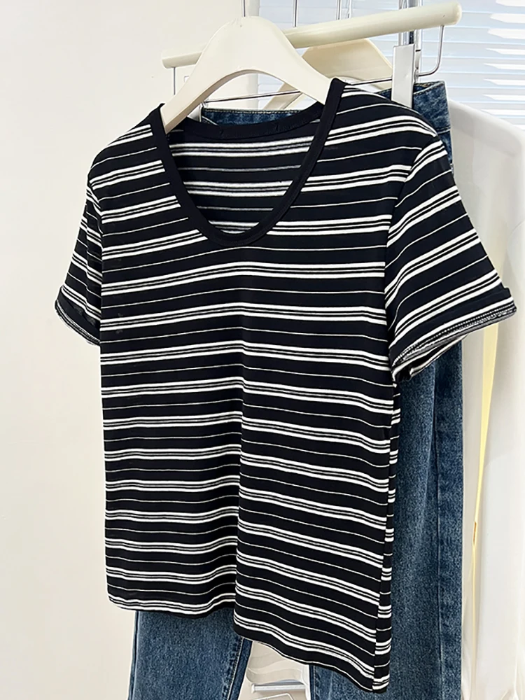 Striped Cotton T-shirt Women Short Sleeve Tops Casual V Neck Basic Style Tee Shirt Female Fashion Woman Clothes Summer Tshirts