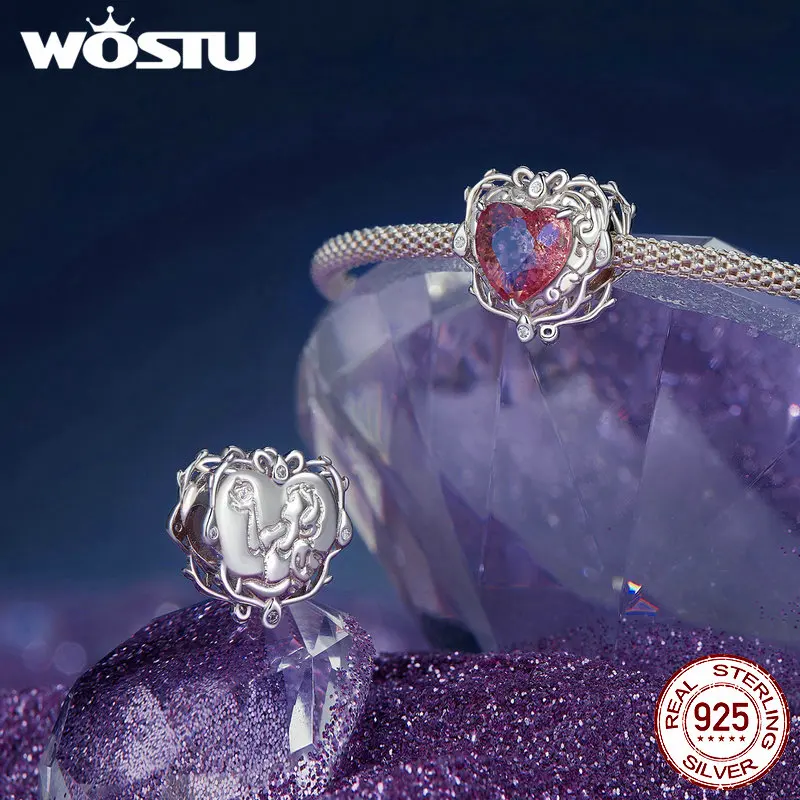 WOSTU 925 Sterling Silver Vintage Pink Heart Charm Square Green Mainstone Pendant Car Beads Fit Original Bracelet for Women DIY
