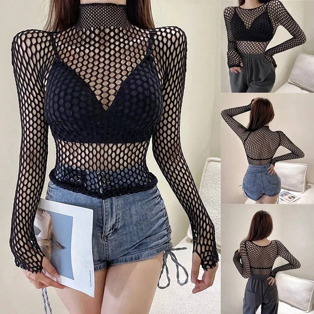 Gothic Sexy Black Fishnet Mesh See Through T-Shirt Women Skinny Goth Hollow Out Long Sleeve Shirts Crop Top Tee Shirt Streetwear