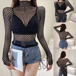 Gothic Sexy Black Fishnet Mesh See Through T-Shirt Women Skinny Goth Hollow Out Long Sleeve Shirts Crop Top Tee Shirt Streetwear
