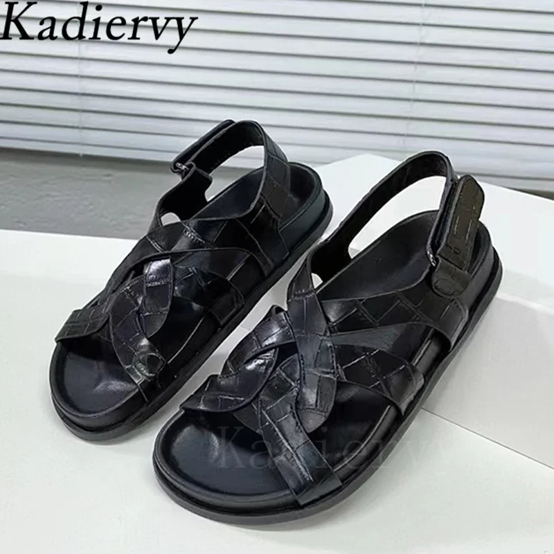 Black Sandals Woman Peep Toe Casual Holiday Beach Shoes Cross Strap Hook & Loop Flat Sandals Women Summer Sandalias Mujer