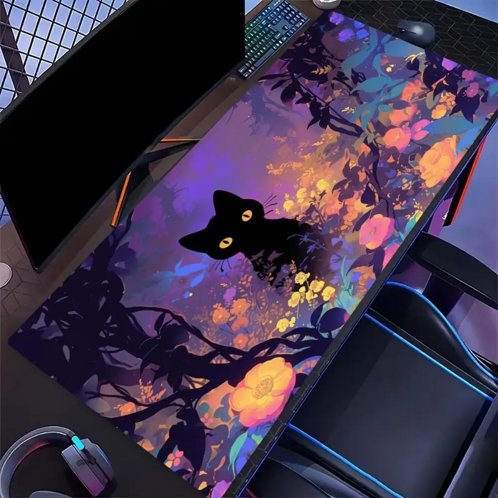 Desk Mat Purple Starry Sky Black Cat Print Anti Slip Rubber Mousepad Stitched Edge Keyboard Pad For PC Laptop Gamers Table Decor