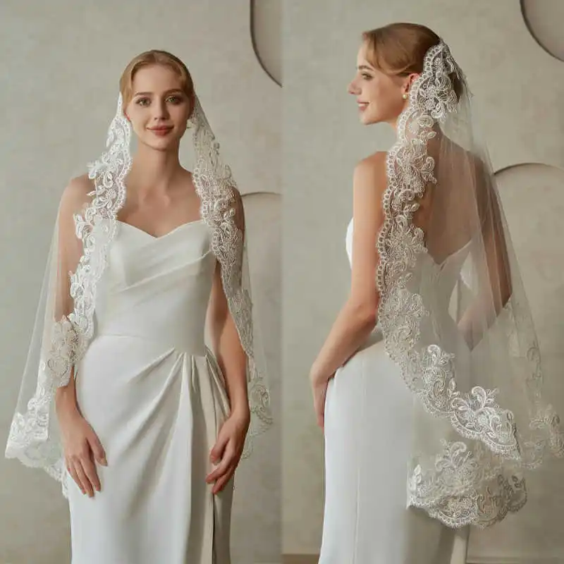Romantic Chic Bridal Veil Airy Transparent Tulle Flower Decoration Delicate Lace Trimming Long Flowing Train Wedding Banquet