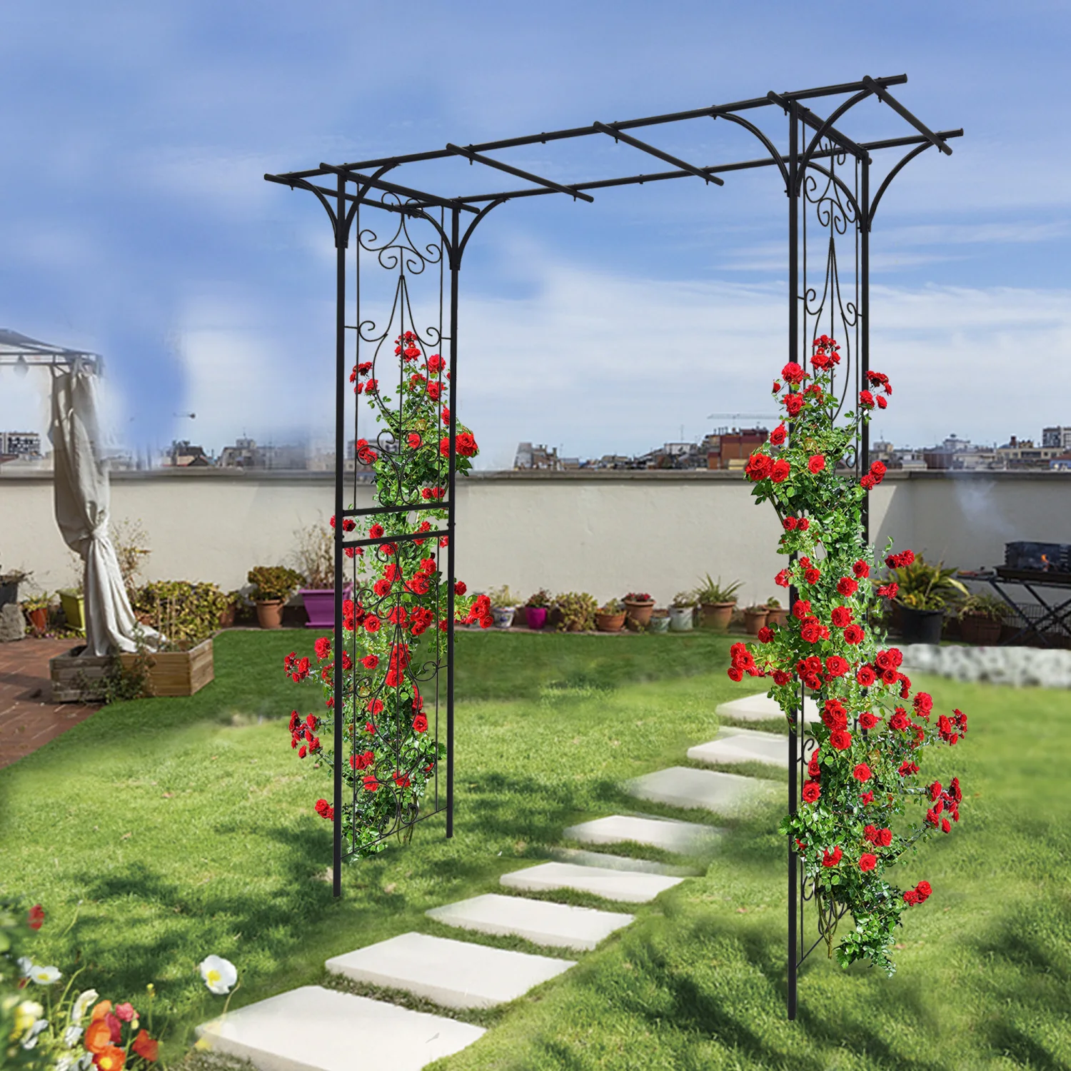 Metal Garden Arch L80.3'' x W20.47'' x H81.1'' Climbing Plants Support Rose Arch Outdoor Black