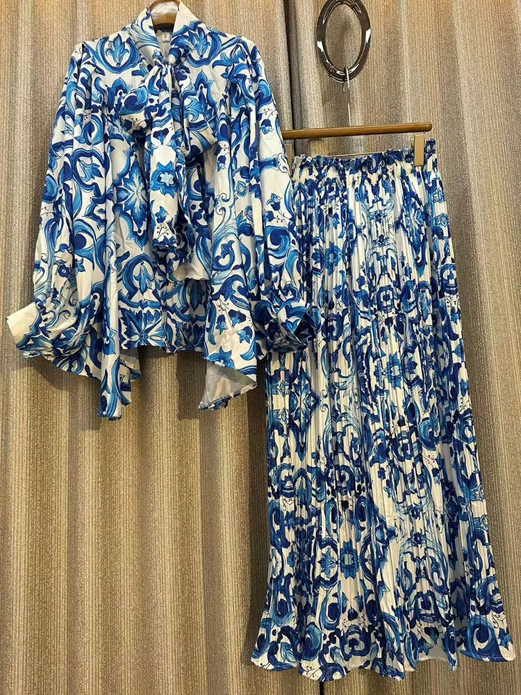 Spring 2026 women's new retro geometric printing loose irregular shirt+elastic waist wide-leg trousers casual two-piece suit
