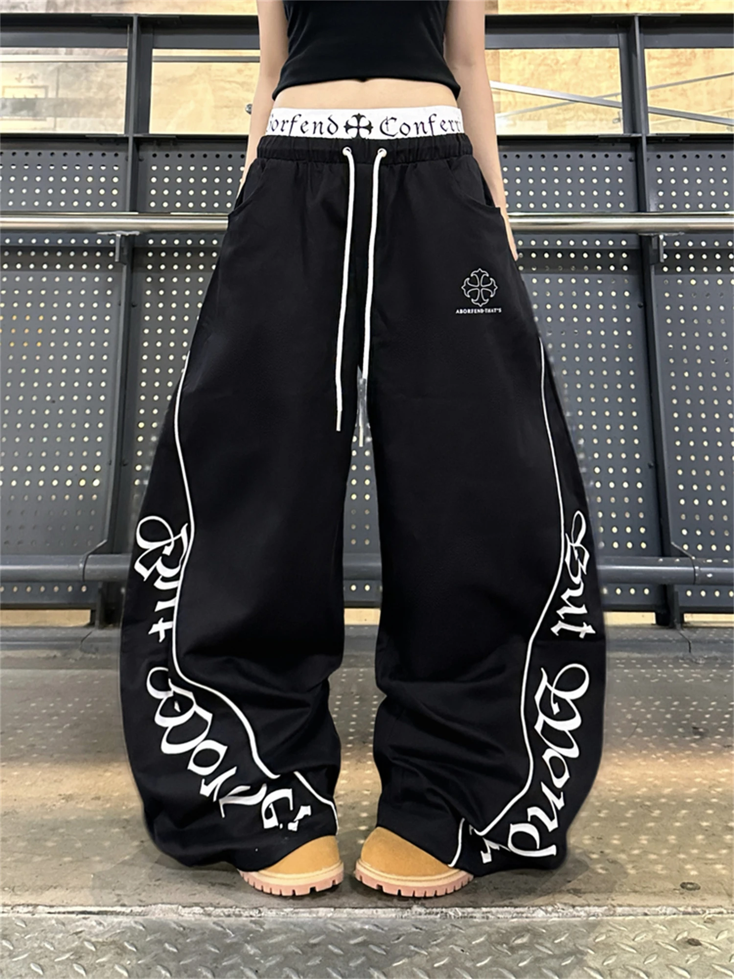Women's Gothic Printed Baggy Pants Streetwear Y2K Fashion Black Wide Leg Trousers Loose Casual Hip Hop Dance Pants