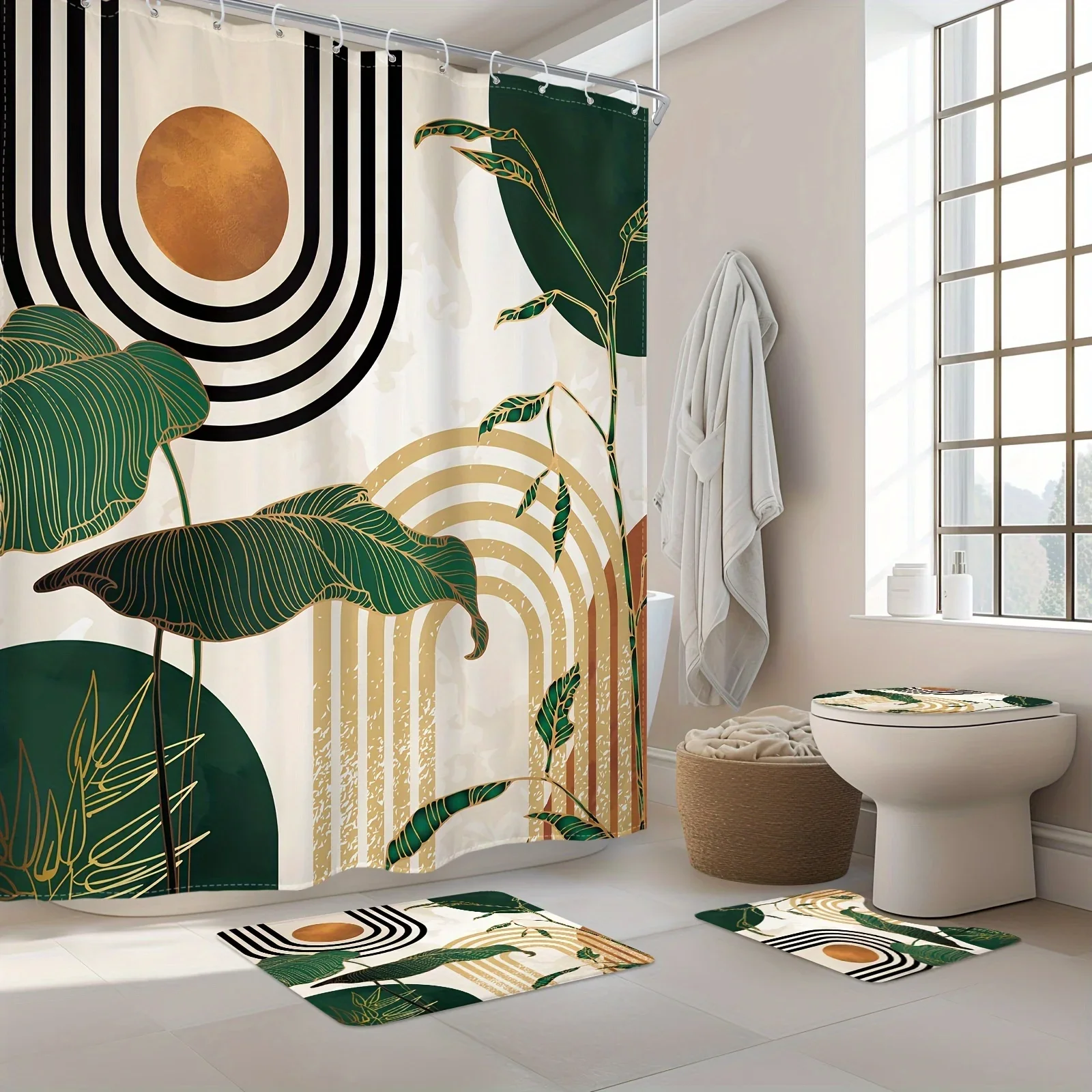 4-piece set, green vintage bohemian tropical palm tree sun arch bathroom with hooks non-slip floor mat toilet mat U-shaped mat