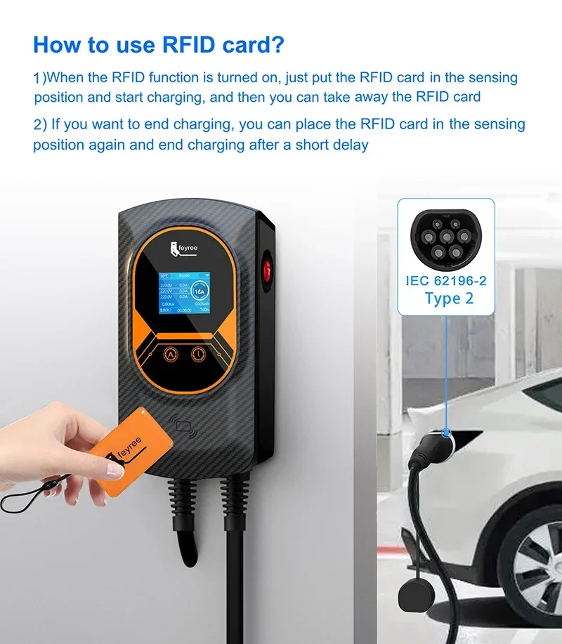 EVSE Wallbox Type2 Cable 32A 7.6KW EV Car Charger 11KW 22KW 3 Phase Charging Station APP RFID Cards Control for Electric Vehicle