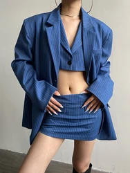 Design Sense Striped Shoulder Pads, One Button, Female Casual Suit, Solid Color Blue Trend Coat Korean Business Suit blazers