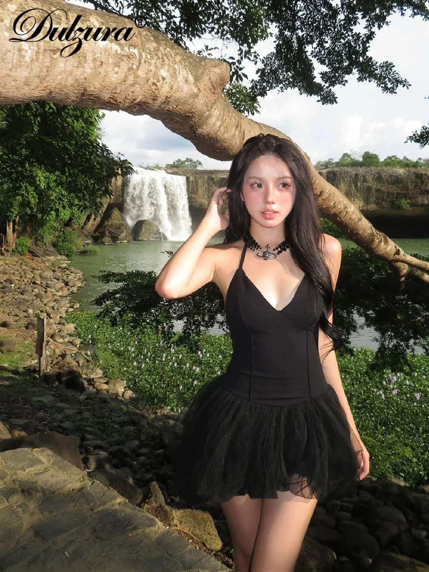 Dulzura verão sólido sexy elegante com decote em v sem mangas sem costas magro preto cisne malha vestido de princesa festa à noite clube roupas de baile