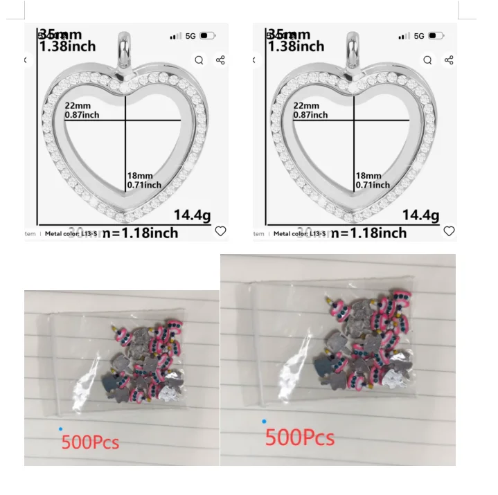 Buyer's customized order-500pcs L13-S Heart locket pendant and 500Pcs F103 Cake Floating charms
