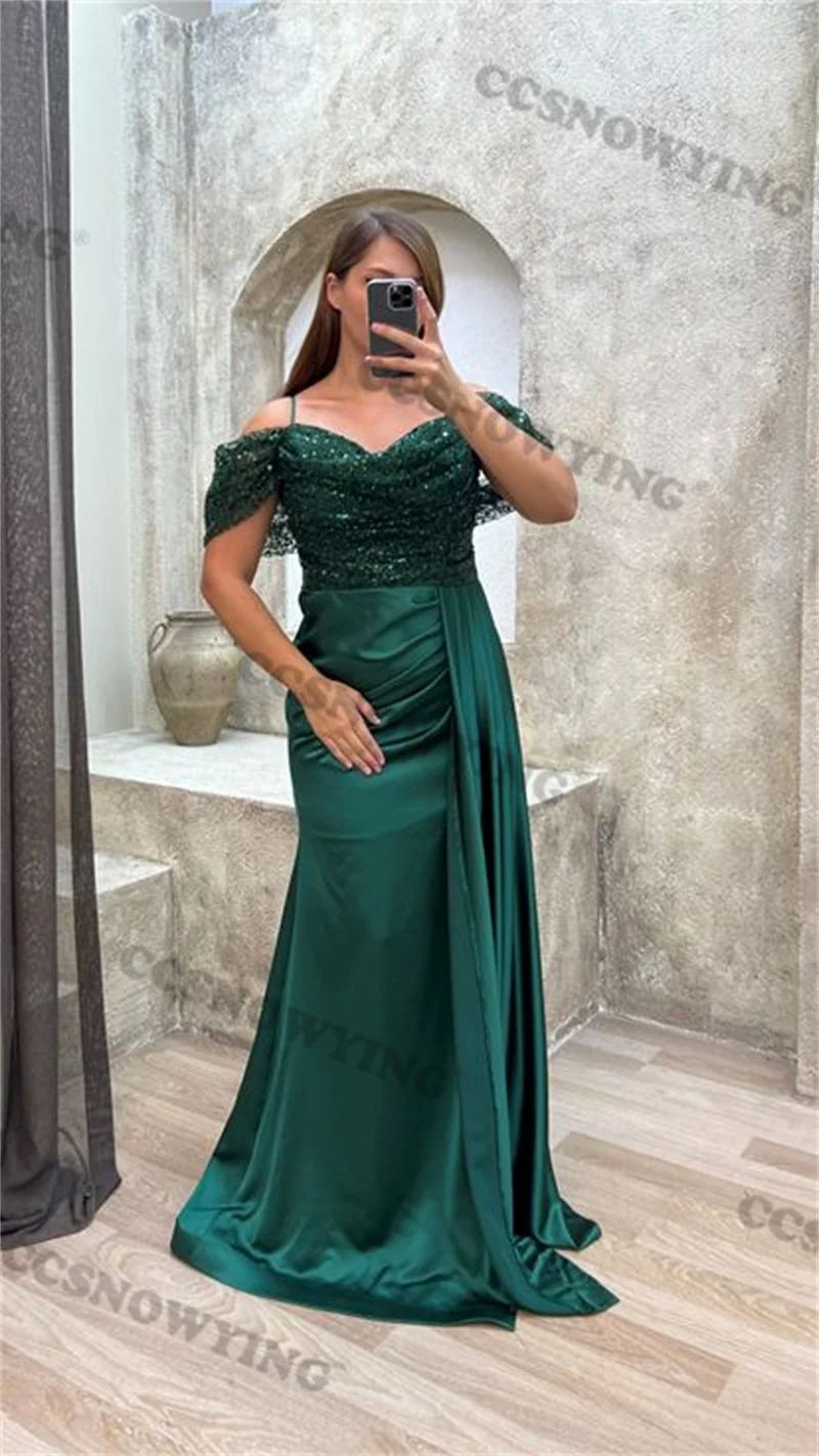 

Sparkly Sequin Muslim Evening Dresses Short Sleeve Islamic Formal Party Gowns Spaghetti Strap Women Arabic Robes De Soirée
