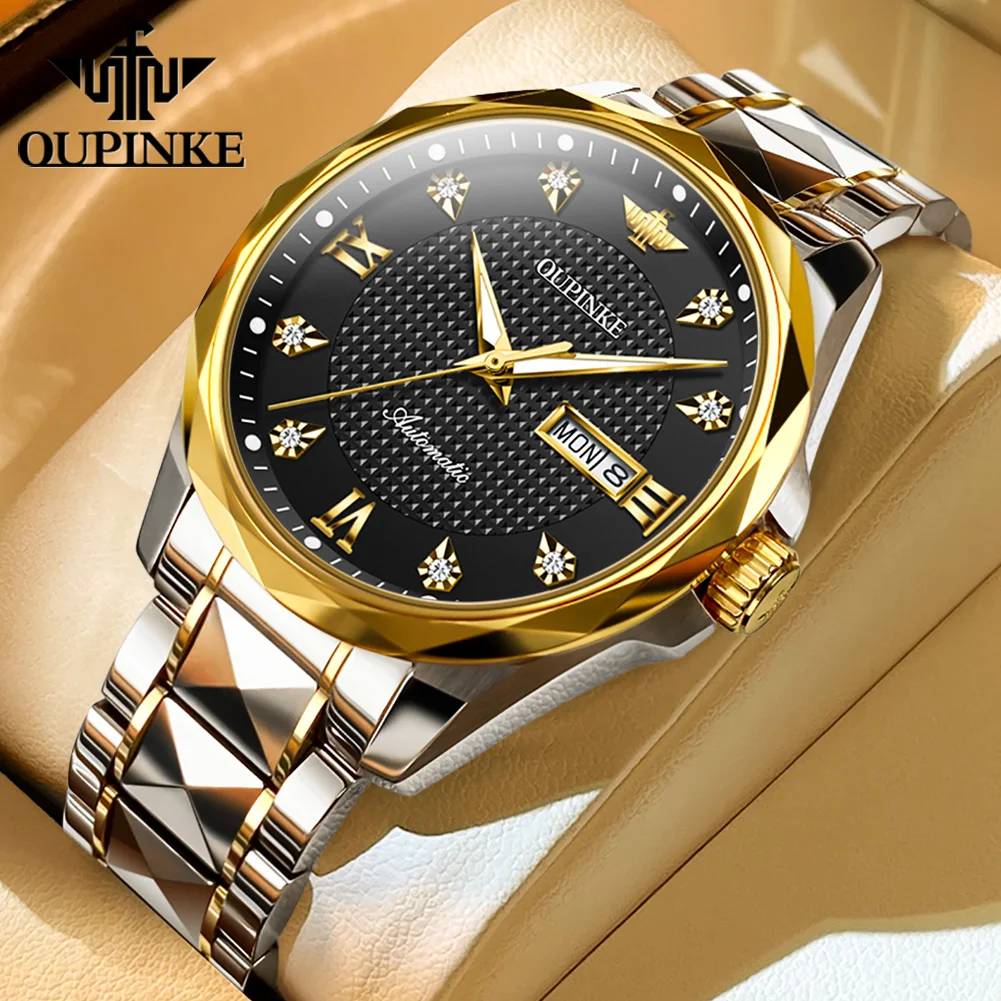 

OUPINKE 3243 Japan Automatic Mechanical Watch for Man Tungsten Steel Diamond Scale Dual Calendar Luxury Business Men Wristwatch