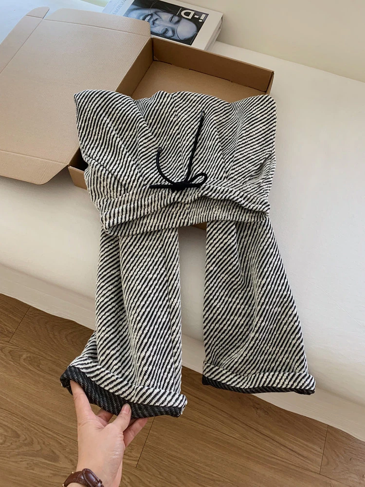 

Shiny Silk Wide Leg Pants Women's Loose Casual Spring Autumn Diagonal Pattern High Waist Korean Style plus Size Trousers