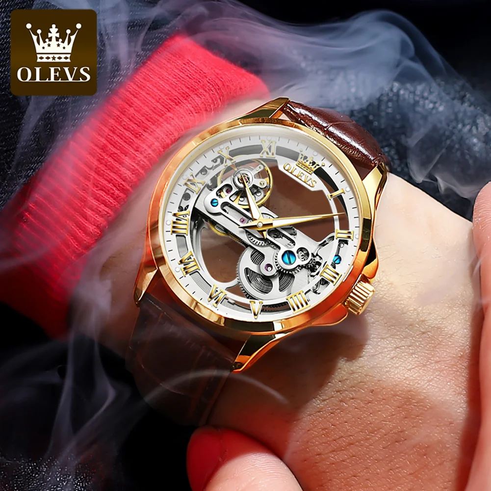 OLEVS Mechanical Men Watch Luxury Hollow out Skeleton Waterproof Leather strap Business Fashion Watch for Men Relogio Masculino